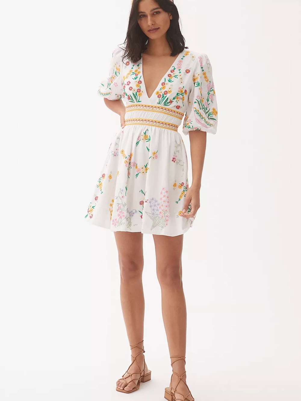 ANTHRO Embroidered Floral V-Neck Mini Dress